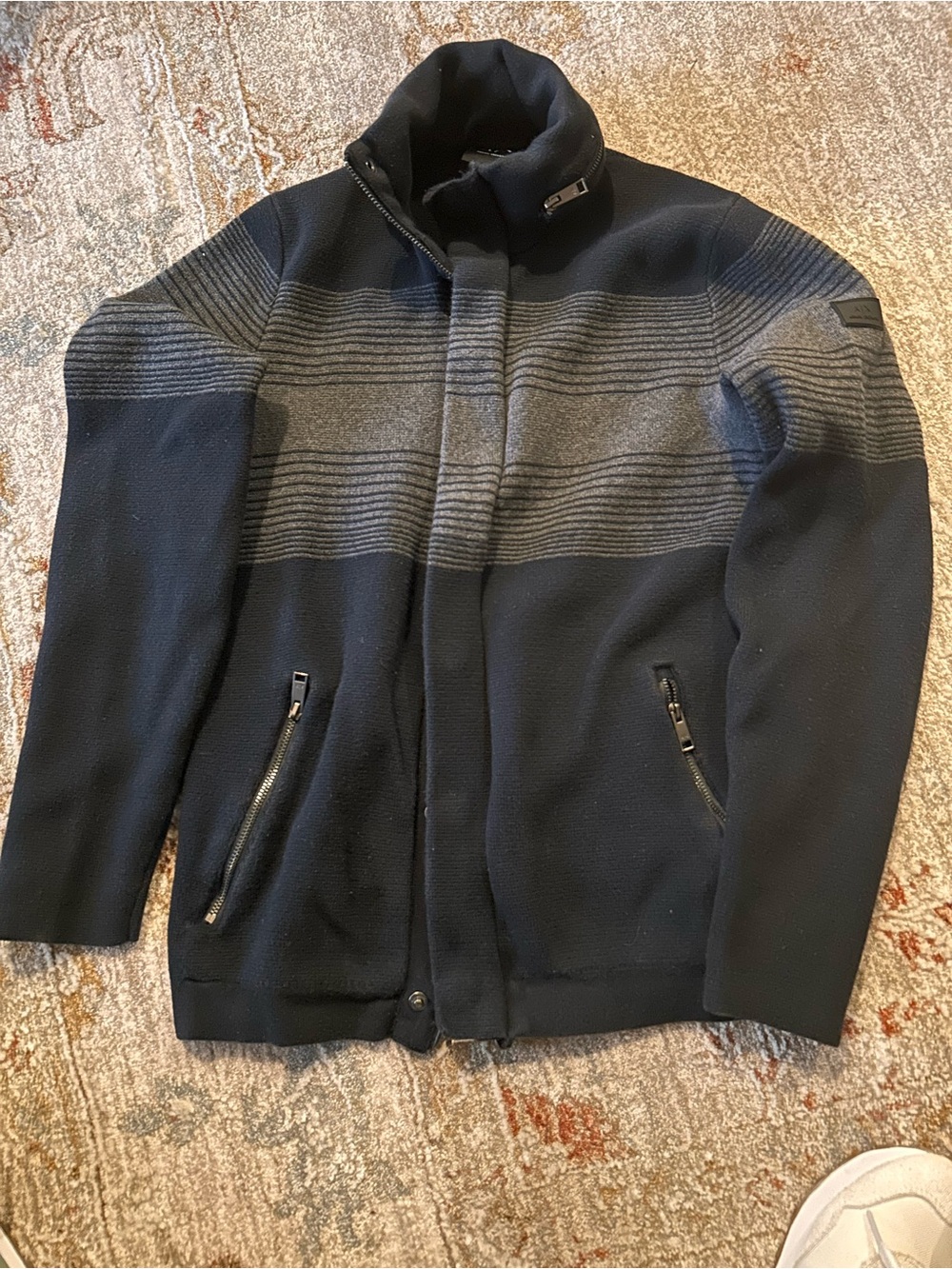Armani Exchange Gray & Navy Striped Knit Sweater with double zip XS like new
